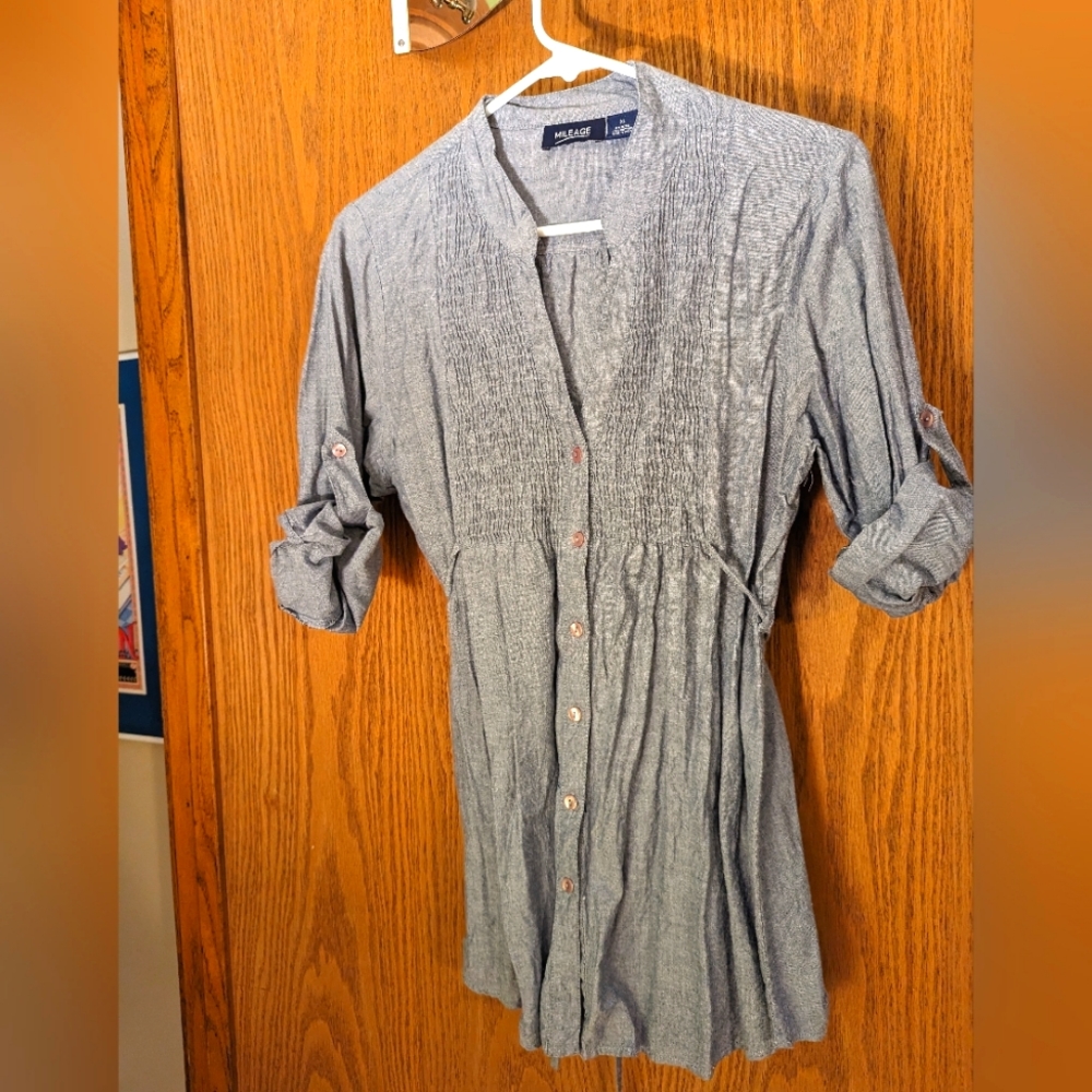 3/$30 Mileage Grey Denim Button Down Smocked Shirt
